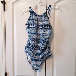 Blue multi color one piece swimsuit.